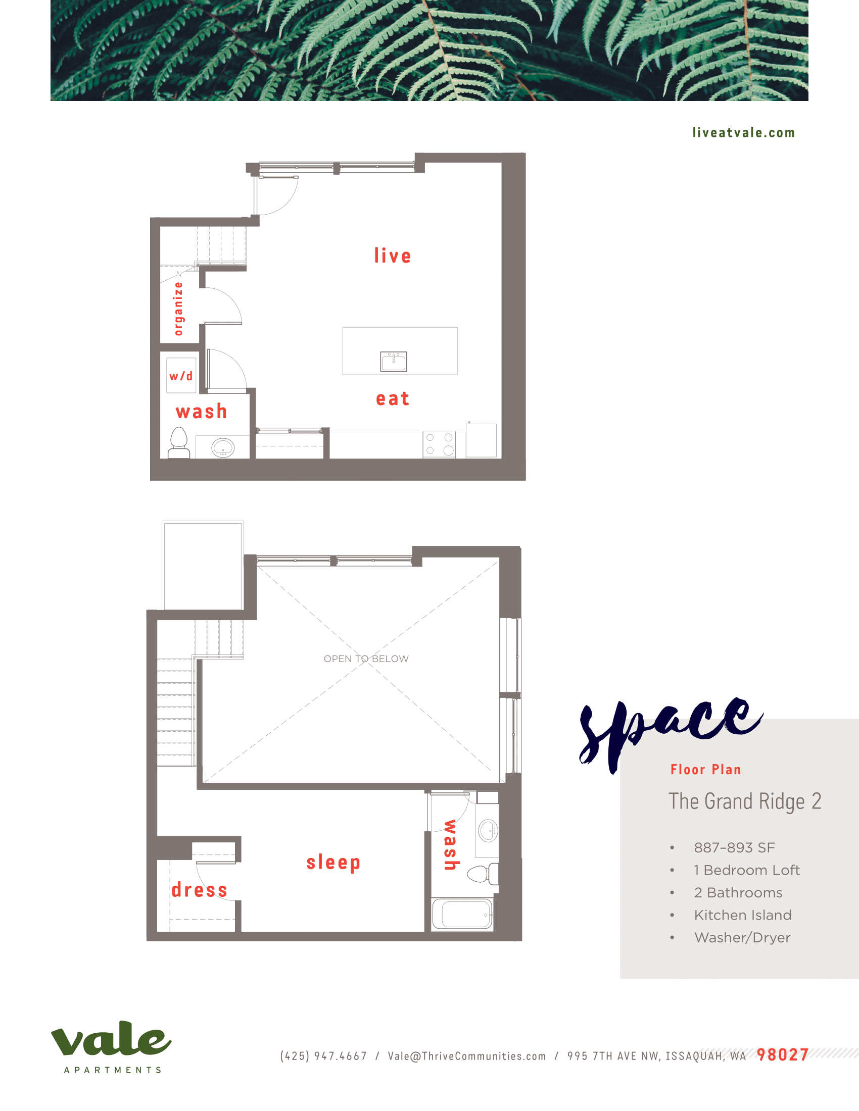 Floor plan for 1 bed, 1 bath, 887 sqft